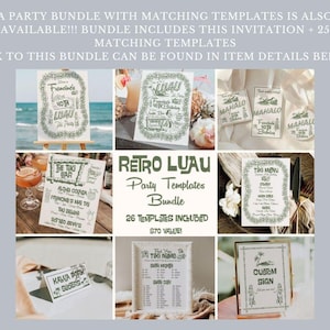 May include: A collection of retro Luau party templates, including invitations, menus, and signs. The templates feature a green and white color scheme with tropical and tiki-themed designs. The bundle includes 26 templates.