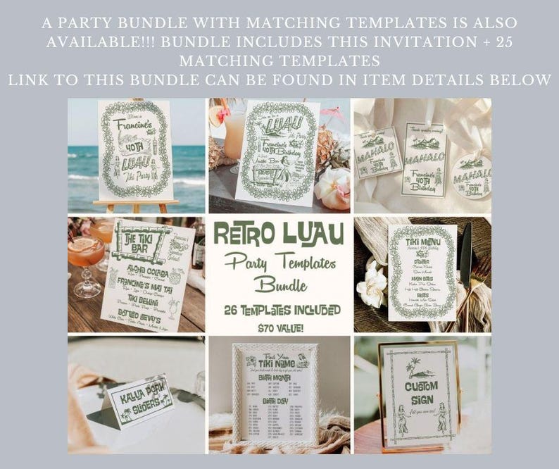 May include: A collection of retro Luau party templates, including invitations, menus, and signs. The templates feature a green and white color scheme with tropical and tiki-themed designs. The bundle includes 26 templates.