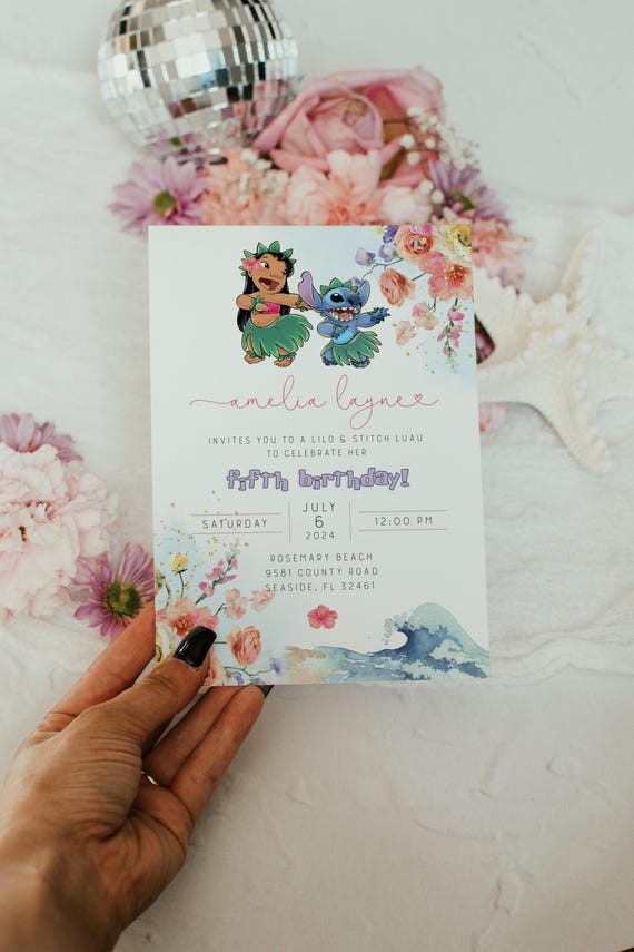 Kids Hawaii Birthday Invitation - Floral Blue Alien Invitation - Aesthetic Kids Character Evite - Editable Stitch Bday Invitation - Stitch
