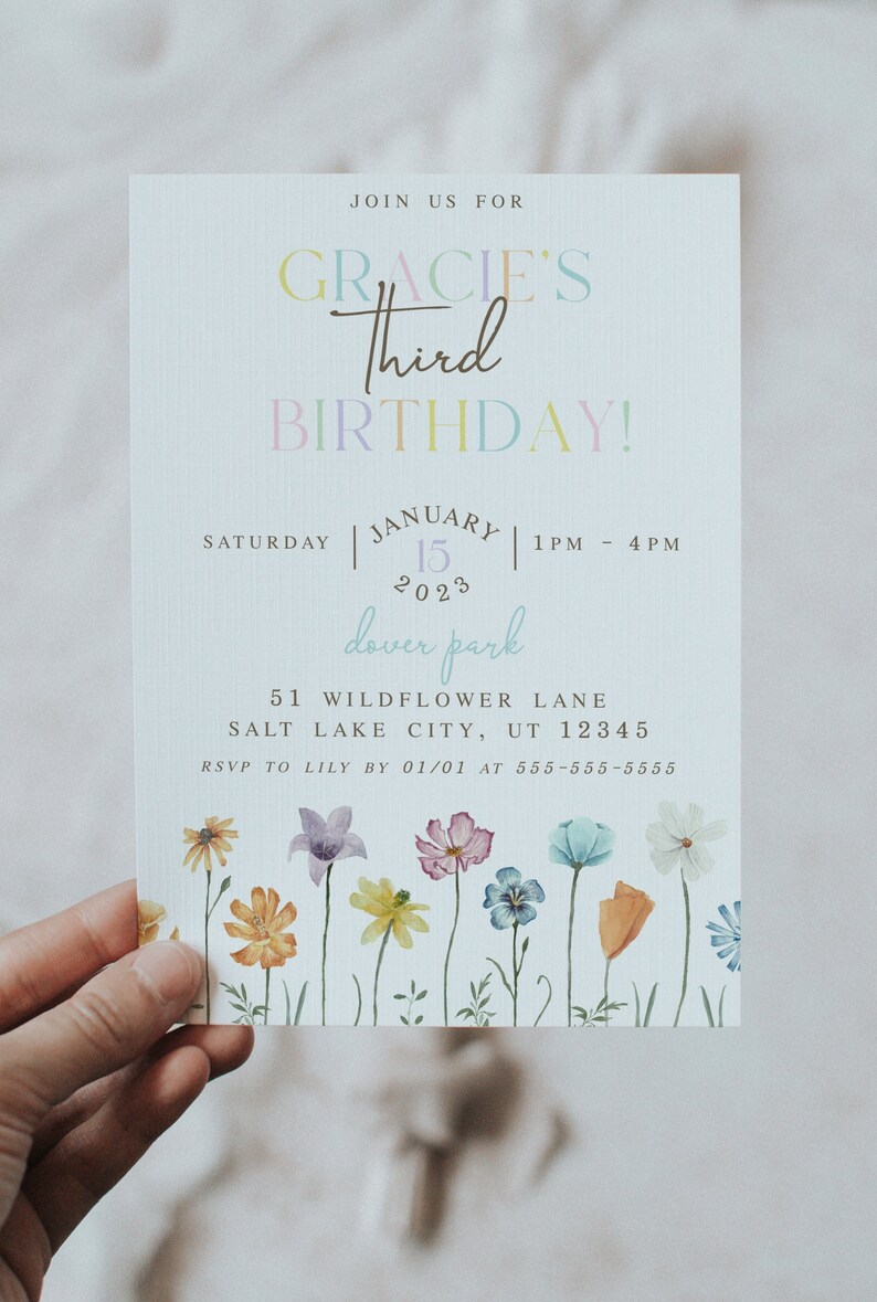 Wildflower Birthday Invitation Template Floral Birthday Invite Boho Floral Invitation Wildflower Template Birthday Invitation image 3