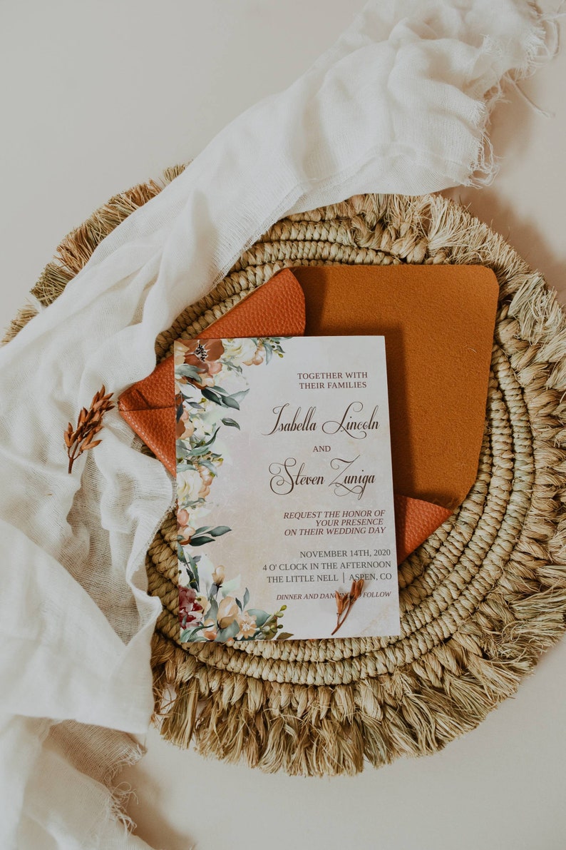 Boho Autumn Wedding Invitation Rustic Fall Wedding Invitation November Wedding Invitation Simple Fall Wedding Invitation Fall Floral image 1