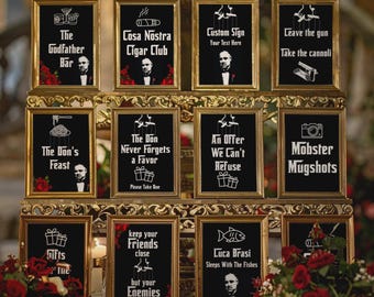 Könnte beinhalten: Eine Präsentation von schwarzen Tafeln mit goldenen Rahmen, die weißen Text und Illustrationen zeigen. Die Schilder enthalten Zitate und Sätze wie "The Godfather Bar" und "Mobster Mugshots". Rote Rosen sind um die Präsentation angeordnet.