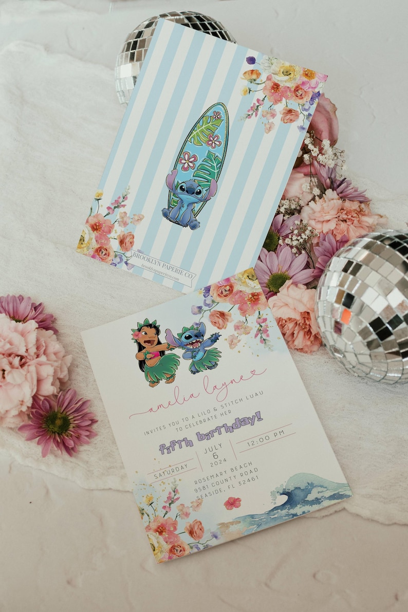 May include: Two invitations with floral and Stitch designs. One features Stitch on a surfboard against blue stripes, the other shows Lilo and Stitch with event details. The text reads "Amelia Layne" and "Fifth Birthday!" with date and location.