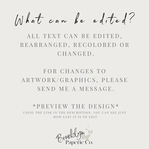 May include: Text on a white background that reads "What can be edited?"  "ALL TEXT CAN BE EDITED, REARRANGED, RECOLORED OR CHANGED."  "FOR CHANGES TO ARTWORK/GRAPHICS, PLEASE SEND ME A MESSAGE."  "*PREVIEW THE DESIGN* USING THE LINK IN THE DESCRIPTION. YOU CAN SEE JUST HOW EASY IT IS TO EDIT"  "Brooklyn Paperic Co."