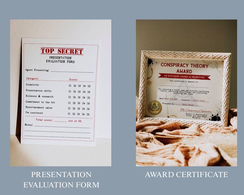 May include: Two items are displayed: a presentation evaluation form and an award certificate. The evaluation form is labeled "Top Secret" and includes scoring categories. The certificate, framed in a textured, light-colored frame, is for a "Conspiracy Theory Award."