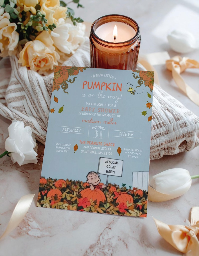 May include: A baby shower invitation with a pumpkin theme. The invitation features the text "A New Little Pumpkin is on the Way!" and "Welcome Great Baby!" with a cartoon illustration. The invitation is surrounded by fall foliage and pumpkins.