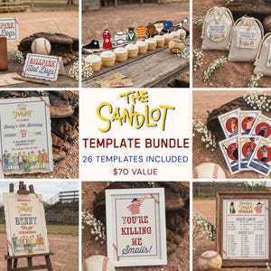 May include: A collection of baseball-themed party decorations and templates. Includes signs that read "Ballpark Hot Dogs" and "You're Killing Me Smalls!", invitations, and favor bags. The theme is "The Sandlot".