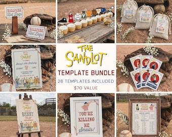 Può includere: Una collezione di decorazioni e modelli per feste a tema baseball. Include cartelli con la scritta "Ballpark Hot Dogs" e "You're Killing Me Smalls!", inviti e sacchetti regalo. Il tema è "The Sandlot".