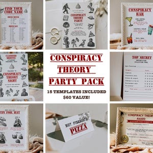 May include: A collection of framed party printables with a conspiracy theory theme. The images include a code name chart, party invitations, bar signs, and awards. The text includes phrases like "Conspiracy Theory Party" and "Top Secret".