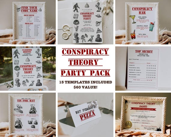 Conspiracy Theory Party Pack - Conspiracy Presentation Party Bundle - Top Secret Birthday Bundle - Conspiracy Theory Powerpoint Party Bundle