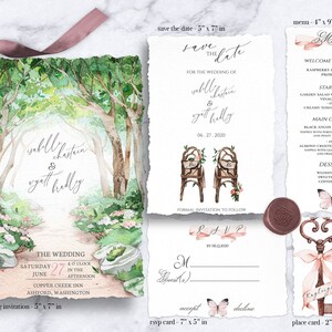 May include: A wedding invitation suite with a watercolor forest scene. The save the date card features two chairs with floral accents and the text "Save the Date for the wedding of Isabelle Chastain & Wyatt Holly 06.27.2020". The wedding invitation card features a path through the forest with the text "The Wedding Saturday June 27 4 o'clock in the afternoon Copper Creek Inn Ashford, Washington". The menu card features the text "Menu" and lists the welcome cocktail, starters, main course, and dessert. The RSVP card features a pink ribbon with the text "RSVP by 06.12.2020". The place card features a key with a pink ribbon and the text "Keyleigh".