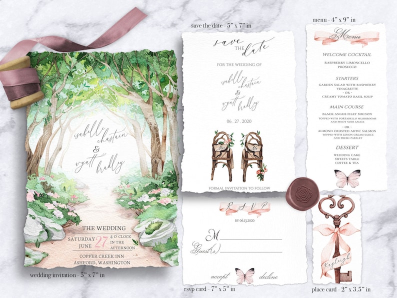 May include: A wedding invitation suite with a watercolor forest scene. The save the date card features two chairs with floral accents and the text "Save the Date for the wedding of Isabelle Chastain & Wyatt Holly 06.27.2020". The wedding invitation card features a path through the forest with the text "The Wedding Saturday June 27 4 o'clock in the afternoon Copper Creek Inn Ashford, Washington". The menu card features the text "Menu" and lists the welcome cocktail, starters, main course, and dessert. The RSVP card features a pink ribbon with the text "RSVP by 06.12.2020". The place card features a key with a pink ribbon and the text "Keyleigh".