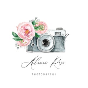 May include: Watercolor illustration of a vintage camera with pink and green flowers. The text "Alanai Rose Photography" is below the camera.