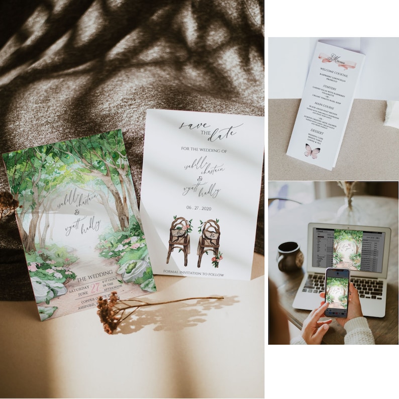 May include: Save the date wedding invitation with a watercolor illustration of a forest path. The invitation is for the wedding of "Yohll Dustin & Gatt Holly" on June 27, 2020. The invitation also includes a formal invitation to follow.