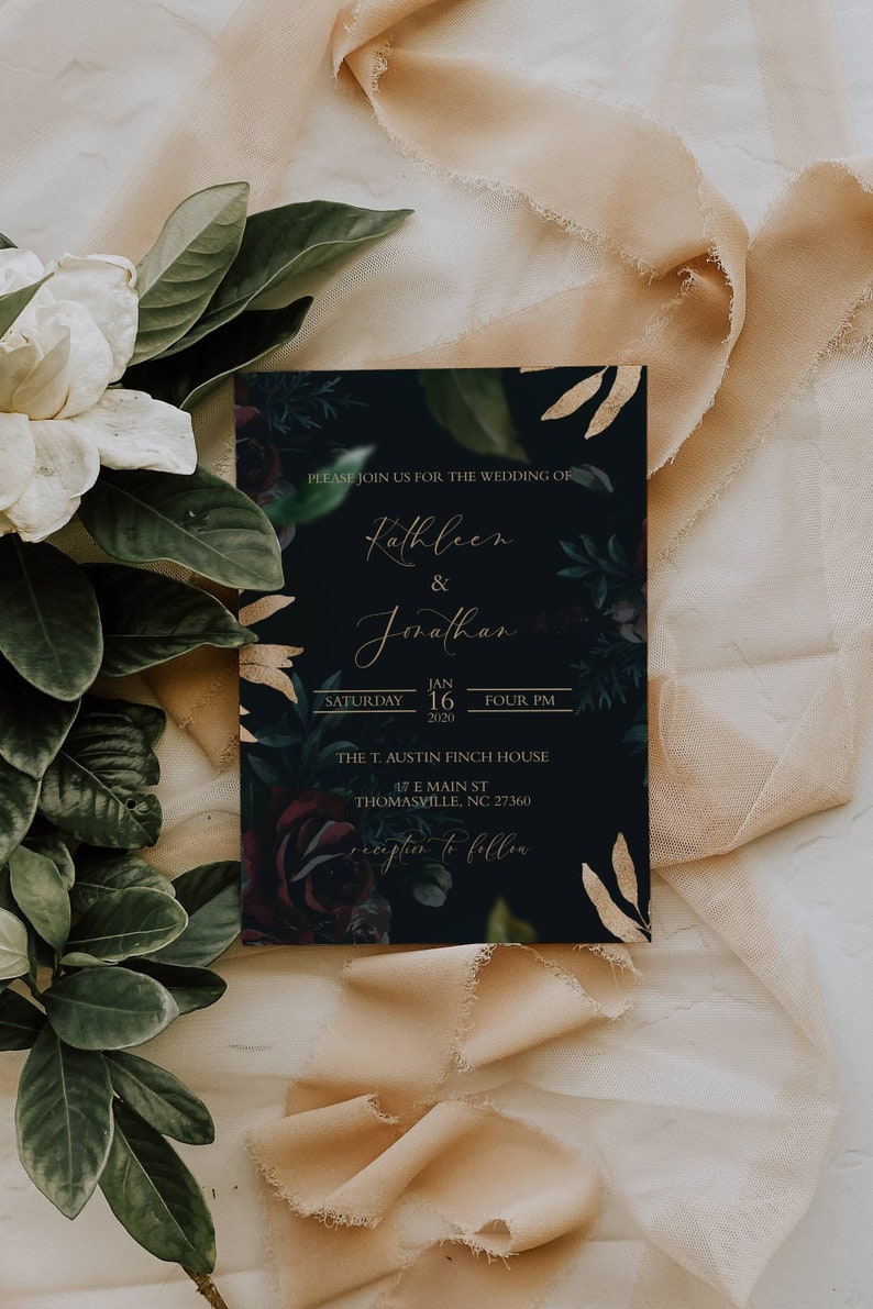 Dark and Moody Wedding Invitation Black and Burgundy Wedding Invitation Black Roses and Gold Wedding Invitation Black Wedding Invite image 1