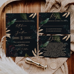 Dark & Moody Hochzeitseinladungs-Reihe - Stimmungsvolle Hochzeits-RSVP-Karte - Hochzeitseinladung und Antwort - Schwarz und Burgunder-Hochzeits-Einladungs-Reihe
