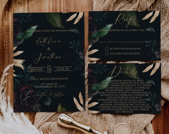 Dark & Moody Wedding Invitation Suite - Moody Wedding RSVP Card - Wedding Invitation and RSVP - Black and Burgundy Wedding Invitation Suite