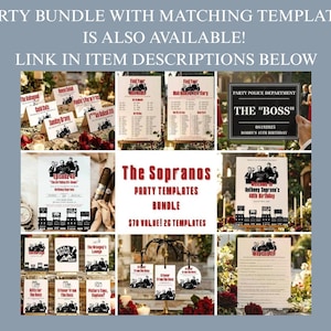 Pu&ograve; includere: Un collage di modelli per feste a tema. I modelli includono segnaposti, menu e un cartello con la scritta "The Boss". &Egrave; visibile anche il testo "The Sopranos PARTY TEMPLATES BUNDLE".