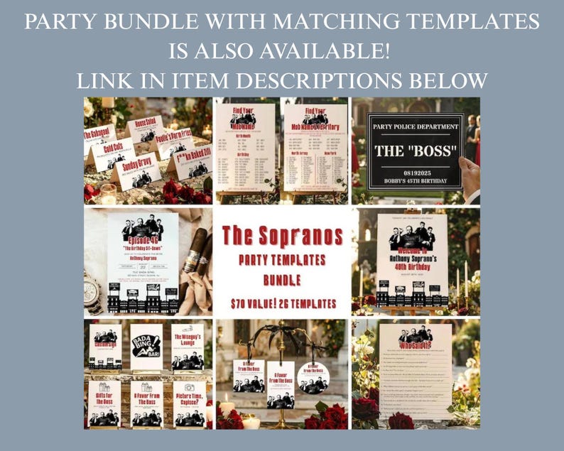Pu&ograve; includere: Un collage di modelli per feste a tema. I modelli includono segnaposti, menu e un cartello con la scritta "The Boss". &Egrave; visibile anche il testo "The Sopranos PARTY TEMPLATES BUNDLE".