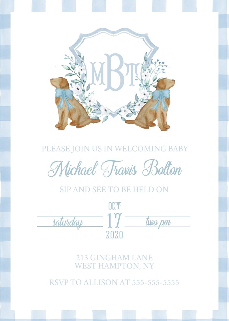 May include: A blue and white gingham pattern background with a white card. The card has a blue crest with the initials MBT. Two brown dogs with blue bows are flanking the crest. The text on the card reads "Please join us in welcoming baby Michael Travis Bolton Sip and see to be held on Saturday, October 17, 2020, two pm. 213 Gingham Lane West Hampton, NY RSVP to Allison at 555-555-5555"