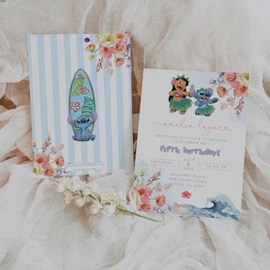 May include: Two invitations with floral accents. One features a blue and white striped background with a surfboard design and a cartoon character. The other invitation has a floral design with the text "amelia laynce" and event details for a fifth birthday luau.