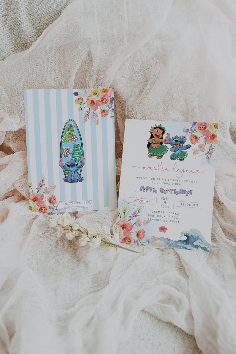 May include: Two invitations with floral accents. One features a blue and white striped background with a surfboard design and a cartoon character. The other invitation has a floral design with the text "amelia laynce" and event details for a fifth birthday luau.