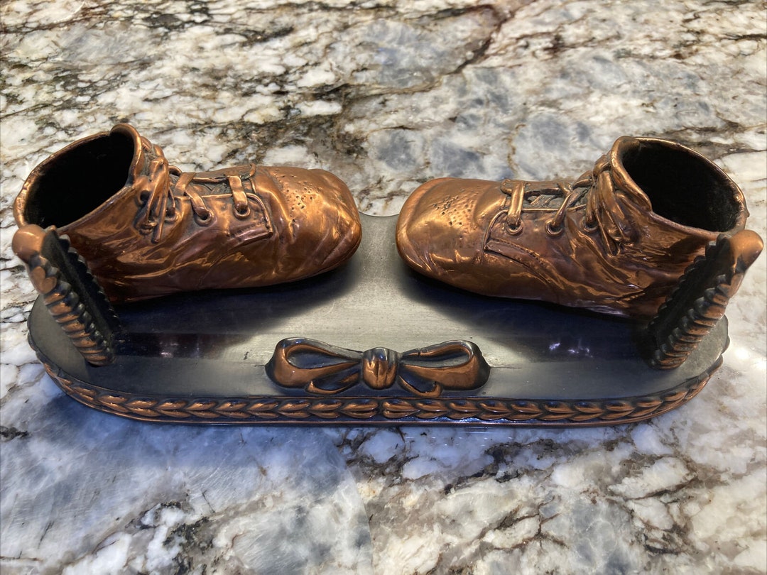 Vintage Copper Bronze Baby Shoes on Base Picture Frame Holder Circa