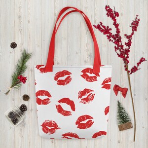 Red Lips Tote bag,Lip Tote,Funny Tote,Lush Red Lips Tote,Tote Bag Gift,Retro Should Bag,Handbag,Kiss Tote,Gift for Christmas Tote,Navy & Red