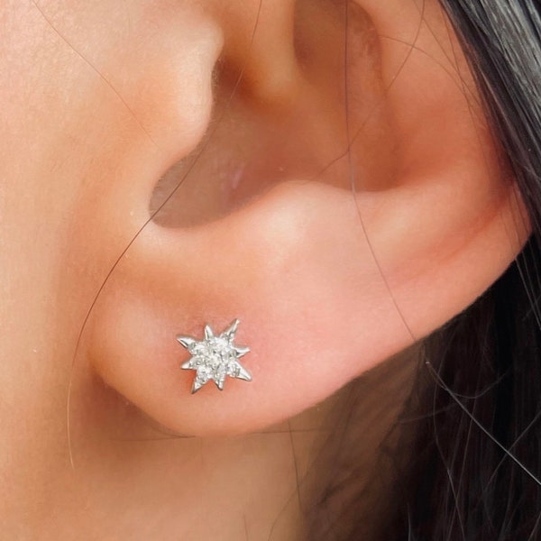 silver star earrings, star stud earrings girls earrings, star earrings gift for her, dainty starburst stud earrings, Celestial