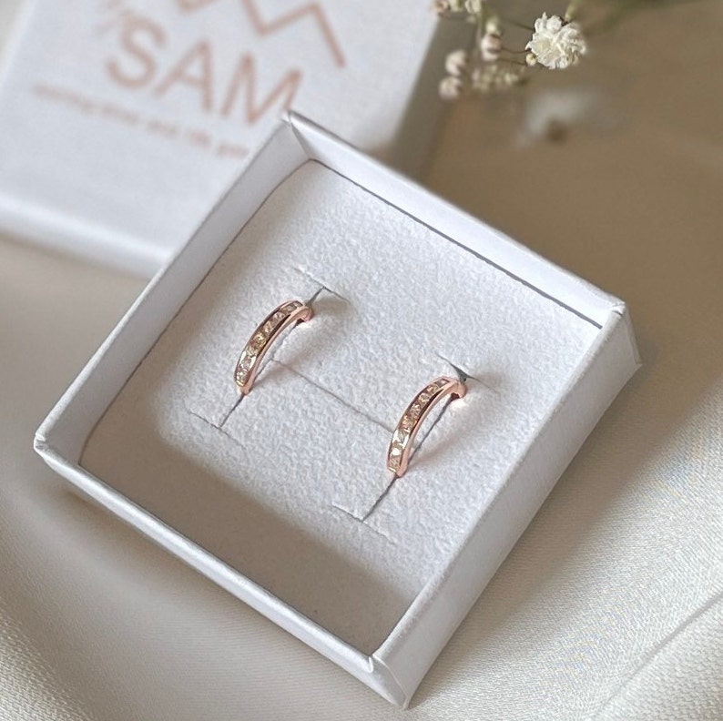 Rose gold dainty hoop earrings, birthday gift earrings, gift for her, rose gold bridesmaid earrings, bridesmaid gift, handmade gifts for her image 3