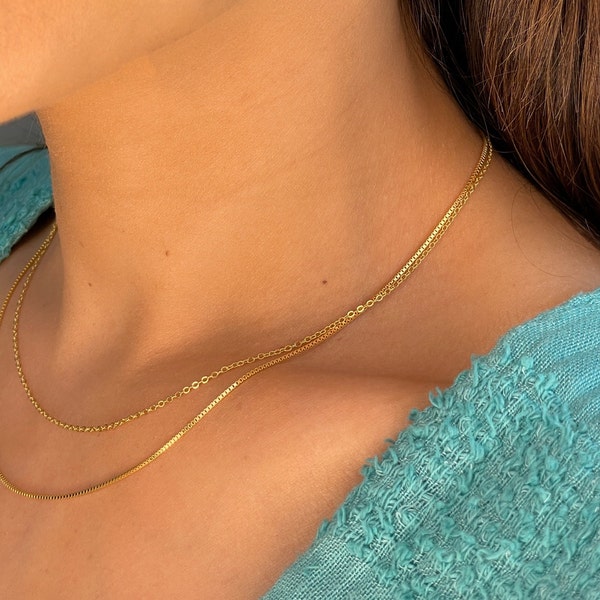 Layered gold chain necklace, gold double chain necklace, layering necklace, delicate necklace, minimalist necklace for her, handmade Jewlery