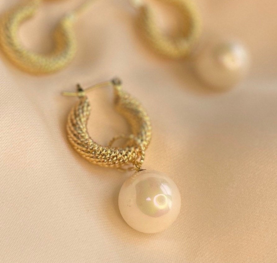 Pearl charm earrings charm earrings gold hoop earrings Etsy