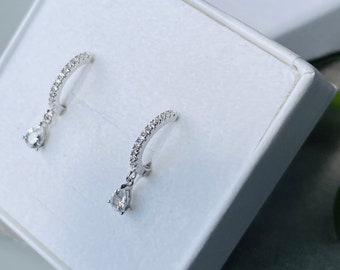 Diamond silver hoop huggie, bridal earrings, bridesmaids gifts, silver dainty earrings, diamond gold onyx hoop earrings, minimalist earrings