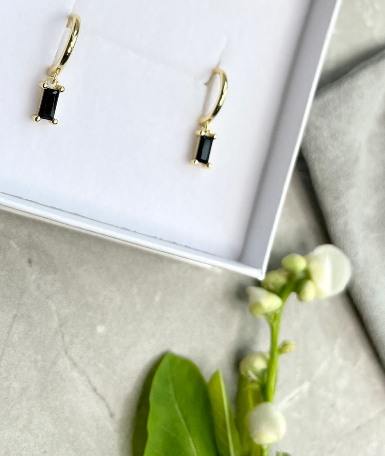 Black Onyx huggie earrings, birthday gifts for her, black gem gold earrings, best friend gift, birthday gift, gold earrings, gifts for her image 4