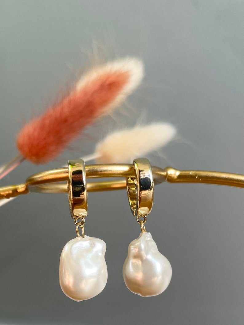 large pearl earrings, jumbo minimalist pearl earrings gifts for her, baroque pearl wedding earrings, dangle earrings, gold handmade earrings image 4
