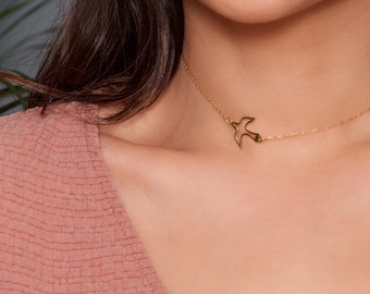 Gold Choker Necklace, dove necklaces for women, choker, layered necklace, minimalist chokers, best friend gift, boho bird necklace