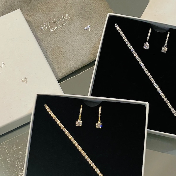 Diamond earrings and tennis bracelet bridesmaid gift set, gifts for her, diamond CZ earrings & tennis bracelet  gift set, bridesmaids gift