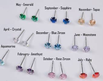 Sterling Silver Birthstone Stud Earrings, Birthstone CZ Earrings, Birthday gifts for her, Birthstone jewellery gifts, birthday gift earrings