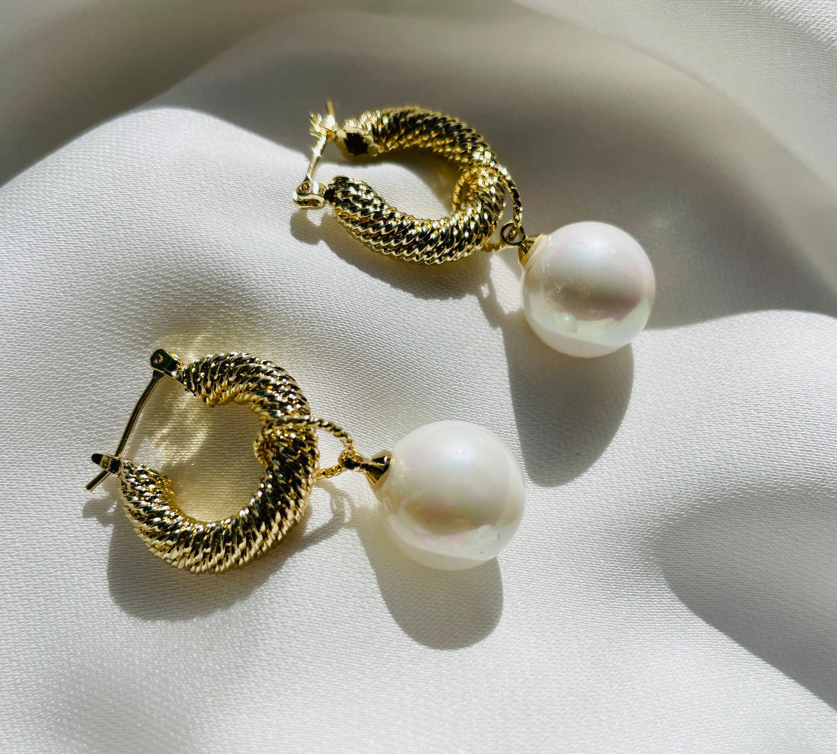 Pearl charm earrings charm earrings gold hoop earrings Etsy