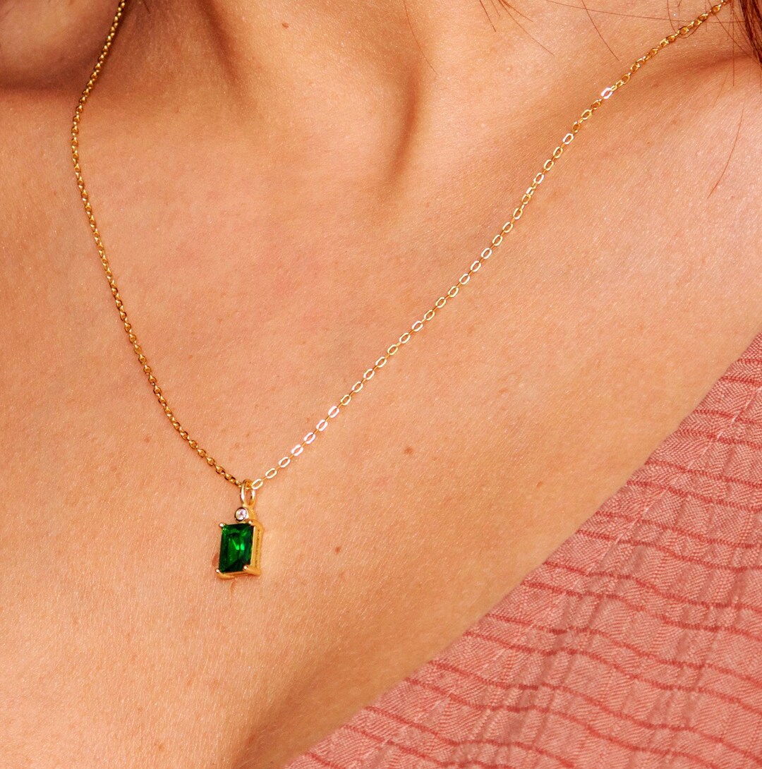 Gold Emerald Necklace Gold Necklace Minimalist Necklace Etsy