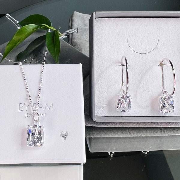 Saphir Halsketten-Schmuckset, handgemachtes Schmuckgeschenk für sie, Schmuck mit blauen Edelsteinen, Ohrringe und Geschenkset, Cubic Zirkonia-Steine