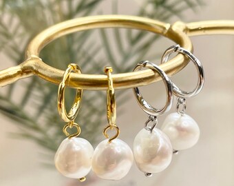 Pearl earrings, silver baroque pearl earrings, silver hoop pearl earrings, gifts for her, bridesmaid gifts baroque pearl drop earrings gift