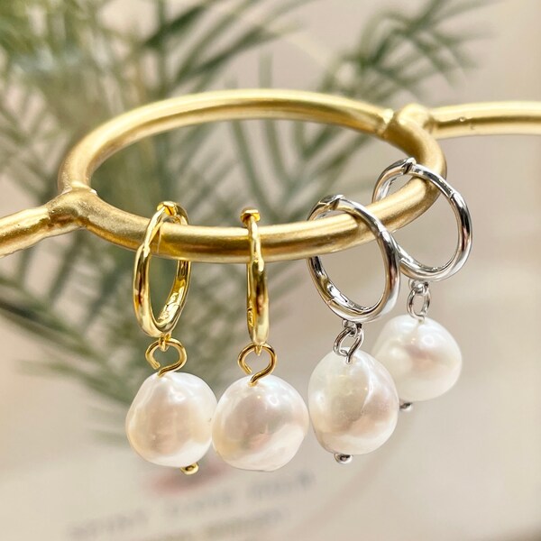 Pearl earrings, silver baroque pearl earrings, silver hoop pearl earrings, gifts for her, bridesmaid gifts baroque pearl drop earrings gift