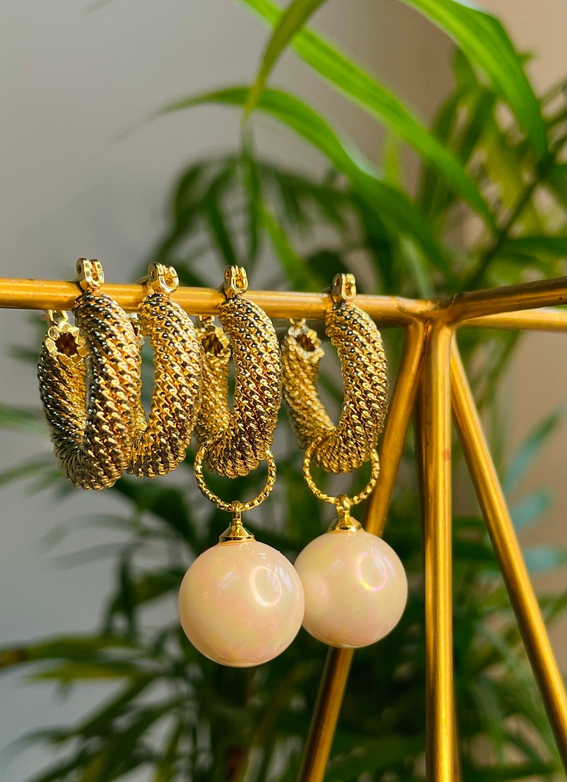 Pearl charm earrings charm earrings gold hoop earrings Etsy