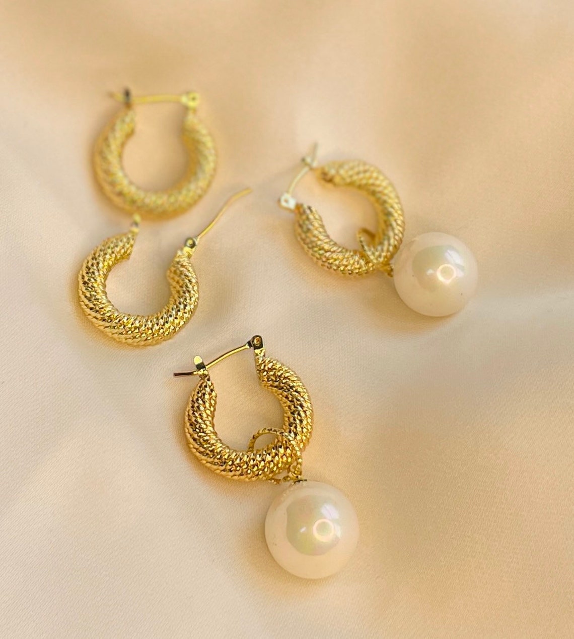 Pearl charm earrings charm earrings gold hoop earrings Etsy