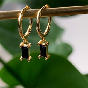 Black Onyx huggie earrings, birthday gifts for her, black gem gold earrings, best friend gift, birthday gift, gold earrings, gifts for her