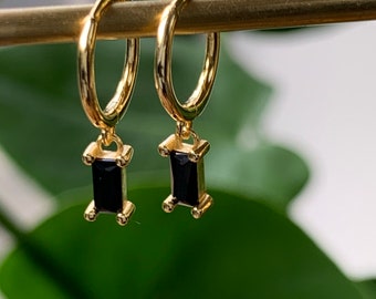 Black Onyx huggie earrings, birthday gifts for her, black gem gold earrings, best friend gift, birthday gift, gold earrings, gifts for her