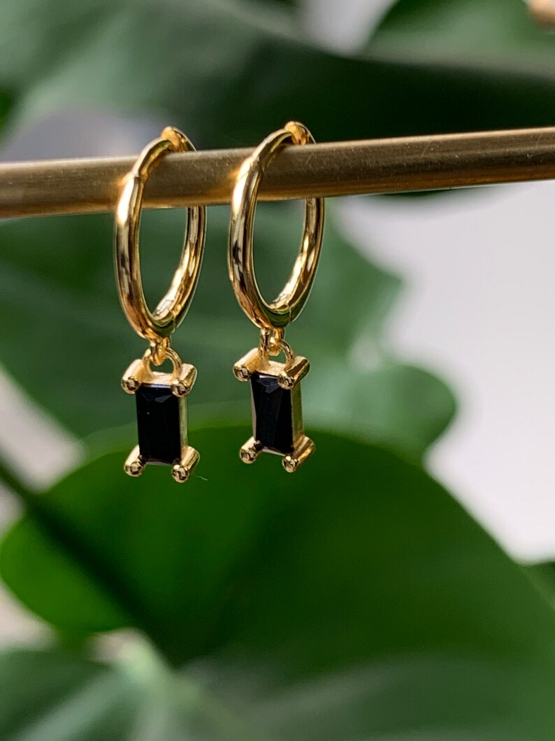 Black Onyx huggie earrings, birthday gifts for her, black gem gold earrings, best friend gift, birthday gift, gold earrings, gifts for her image 1