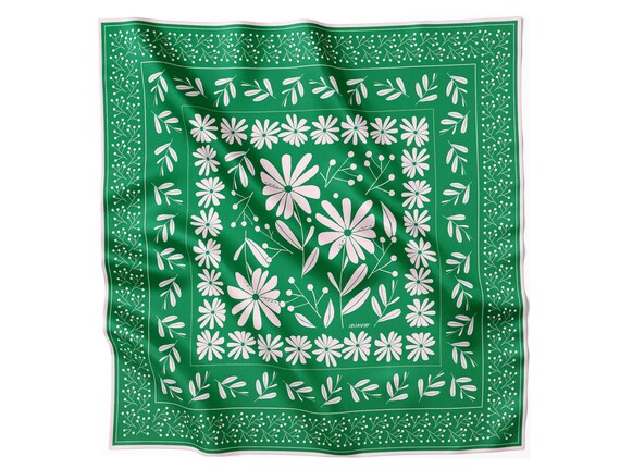 Pañuelo de Seda Primavera | Estampado Floral Verde | Seda Crepe