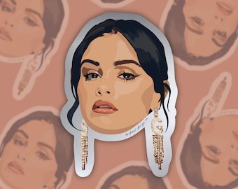 May include: A digital illustration of a woman with long dark hair wearing large gold earrings with a "G" charm. The background is a light brown color with repeating images of the woman's face.